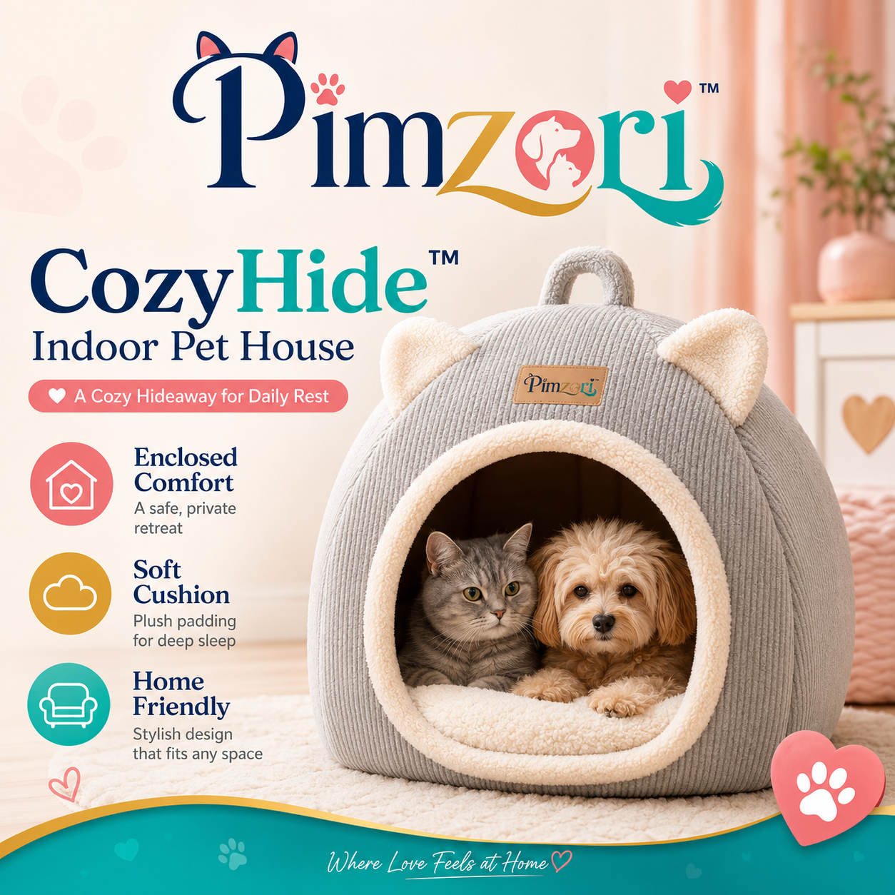 Pimzori™ CozyHide Soft Indoor Cat Cave and Small Dog House Bed, Foldable Enclosed Pet Sleeping Nest