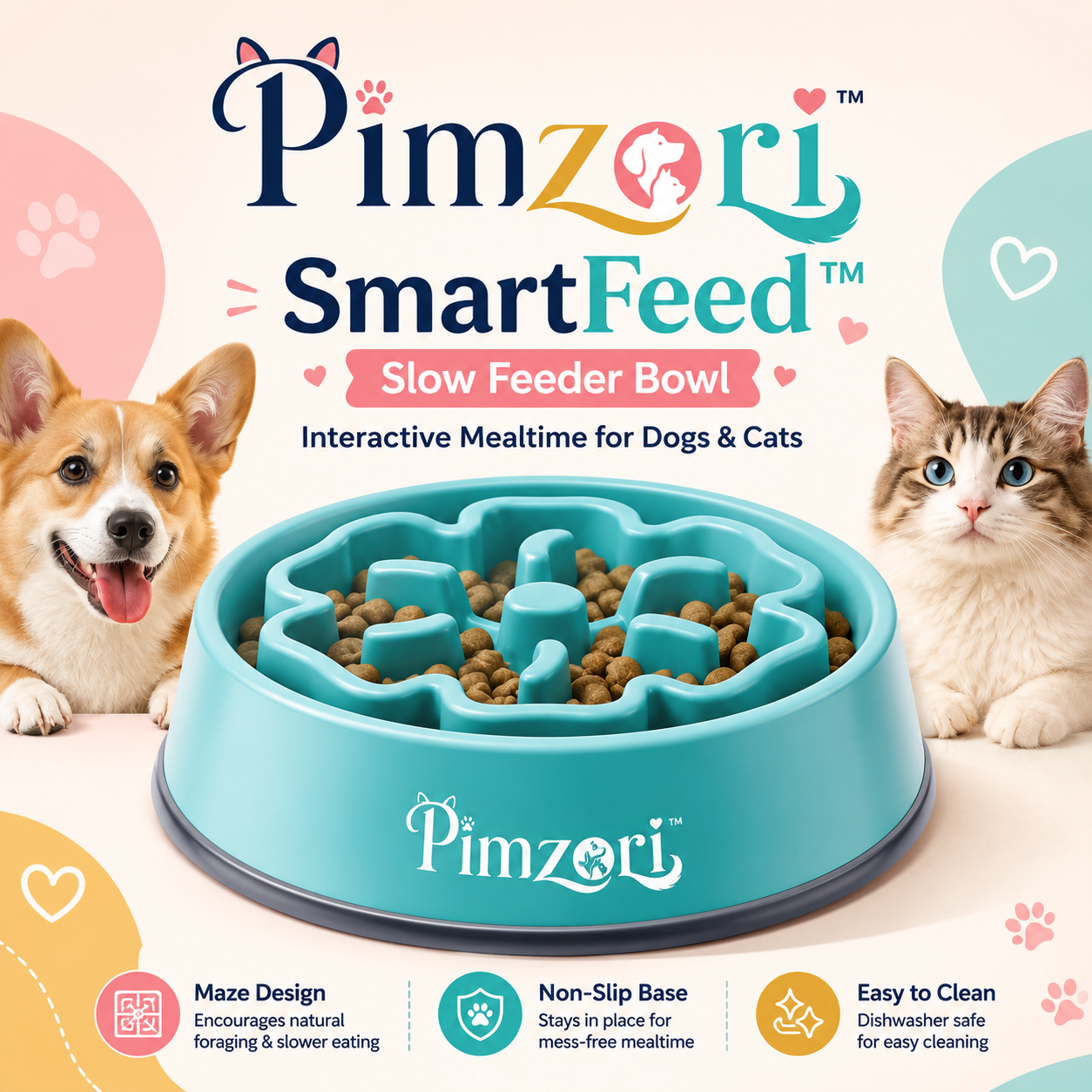 Pimzori™ SmartFeed Slow Feeder Dog Bowl, Non-Slip Interactive Maze Pet Food Dish for Dogs & Cats