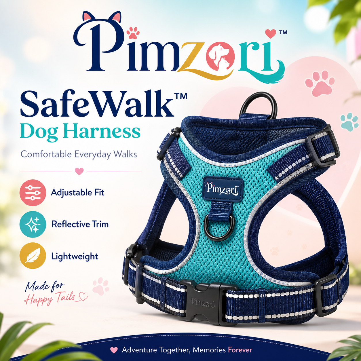 Pimzori™ SafeWalk Adjustable Reflective Dog Harness, Lightweight No-Pull-Style Walking Vest for Small & Medium Dogs