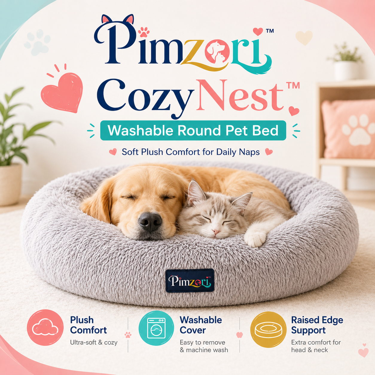 Pimzori™ CozyNest Washable Round Pet Bed for Dogs & Cats, Plush Calming-Style Cushion with Raised Edge