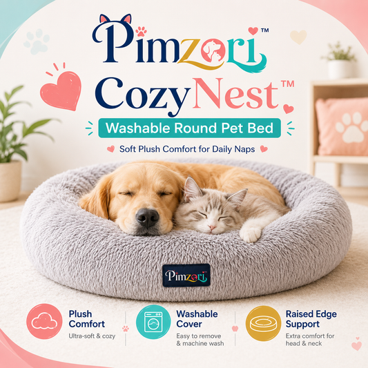 Pimzori™ CozyNest Washable Round Pet Bed for Dogs & Cats, Plush Calming-Style Cushion with Raised Edge