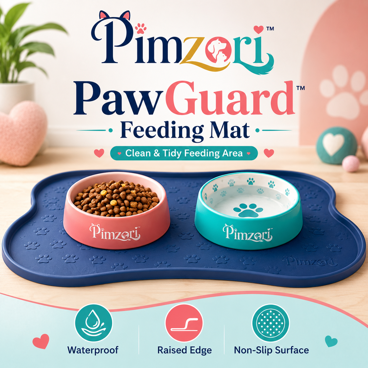 Pimzori™ PawGuard Waterproof Silicone Pet Feeding Mat, Non-Slip Dog & Cat Bowl Placemat with Raised Edge
