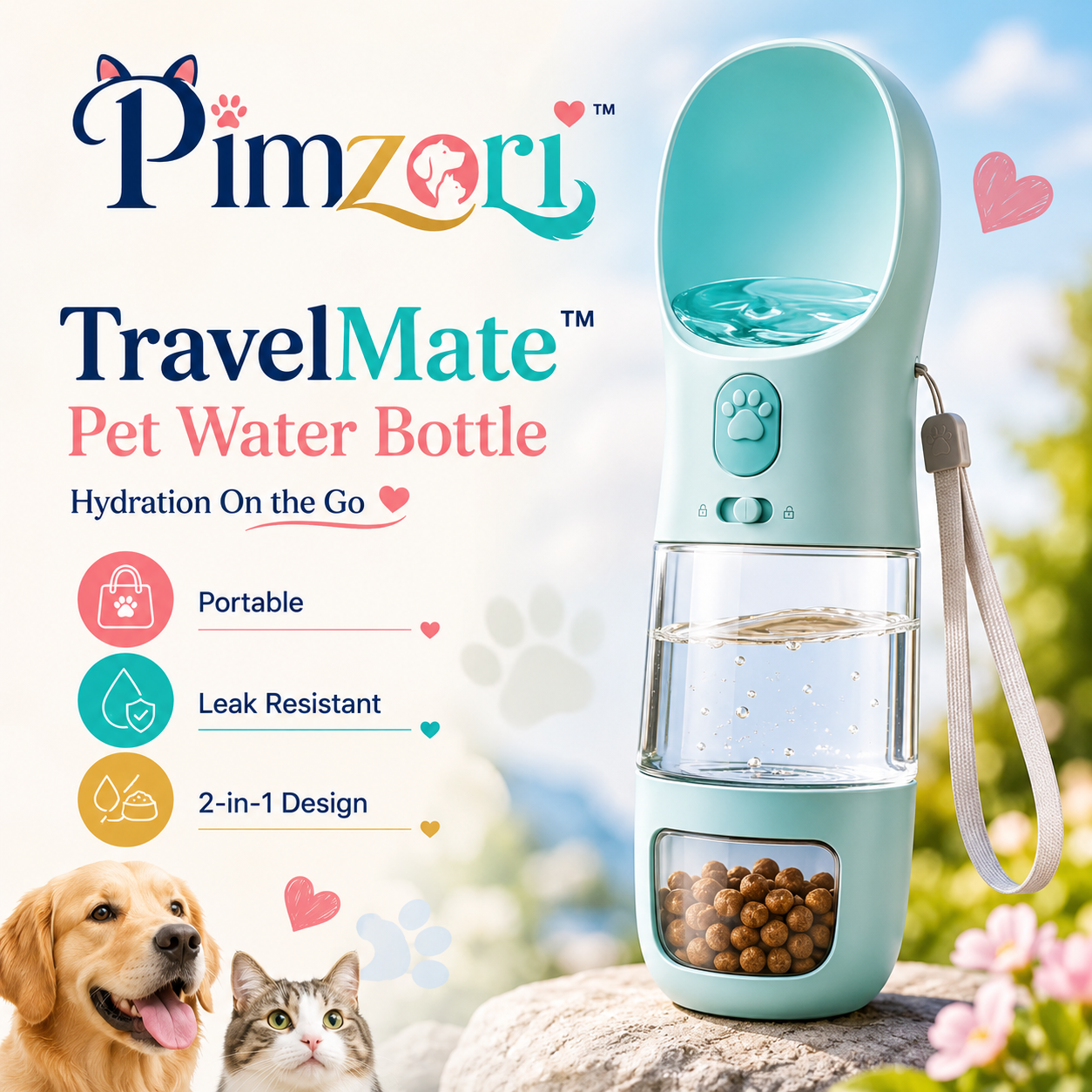 Pimzori™ TravelMate Portable Dog Water Bottle with Food Storage Cup, Leak-Resistant Pet Travel Dispenser