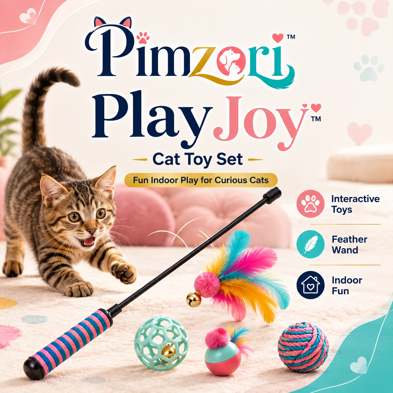 Pimzori™ PlayJoy 12-Piece Interactive Cat Toy Set, Feather Wand, Balls and Indoor Kitten Activity Toys