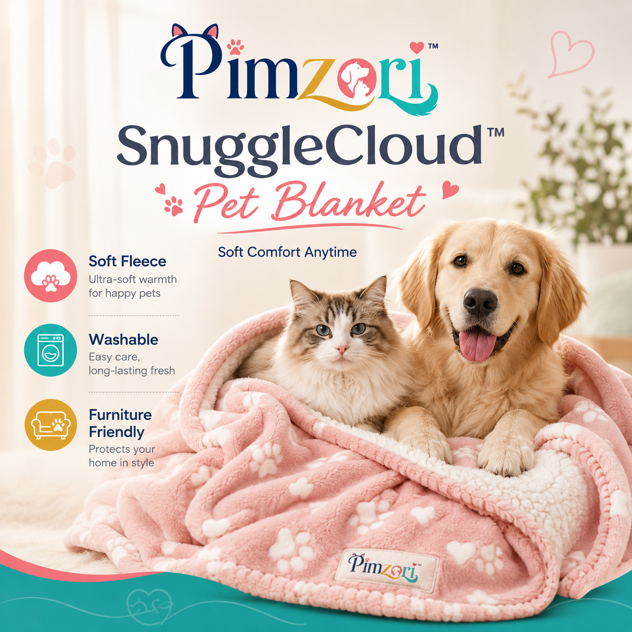 Pimzori™ SnuggleCloud Soft Fleece Pet Blanket for Dogs & Cats, Washable Sofa, Bed and Travel Cover