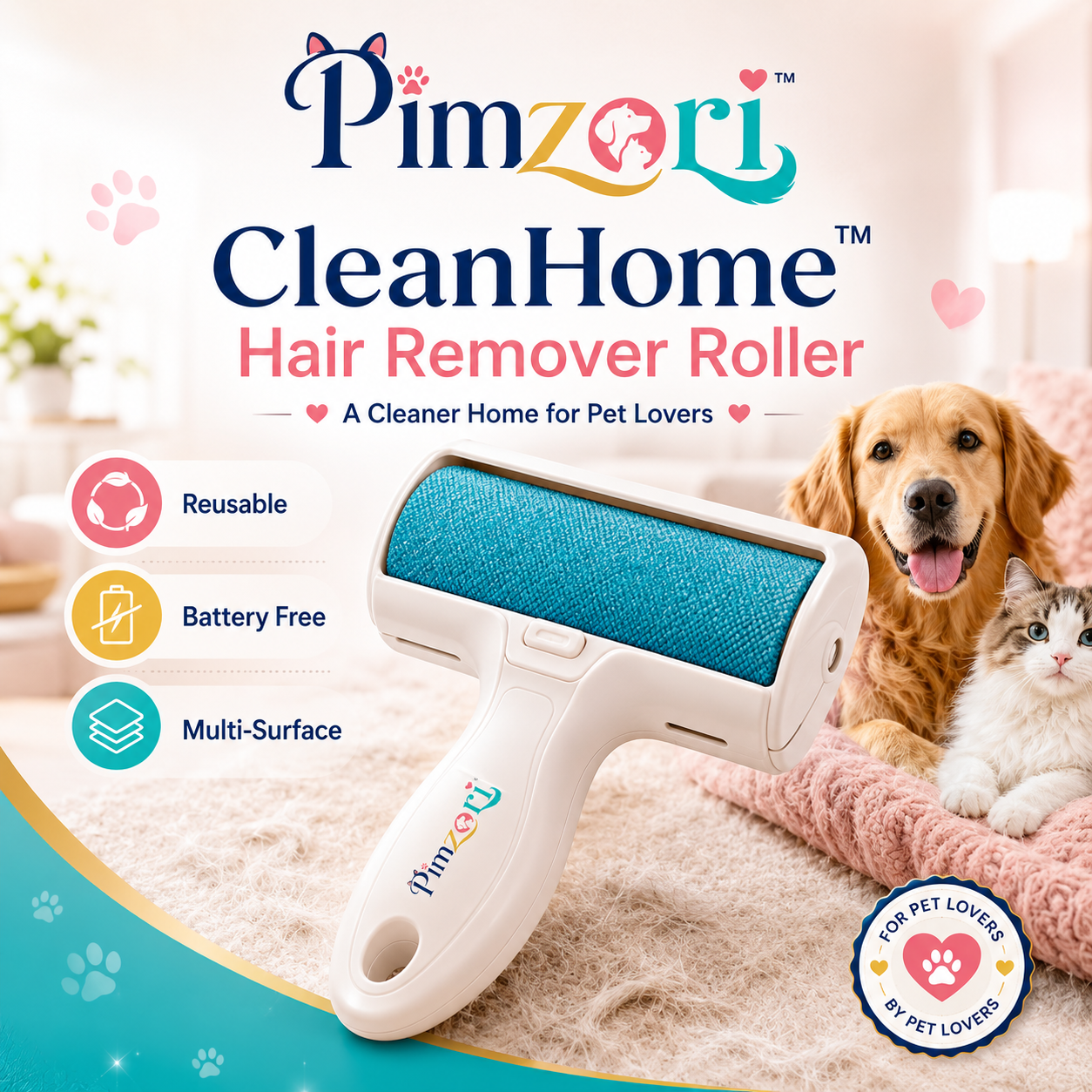 Pimzori™ CleanHome Reusable Pet Hair Remover Roller for Sofa, Furniture, Carpet, Bedding and Clothing